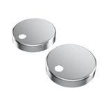 Pair of Caroma stainless steel toilet seat hinge caps, round replacement parts on white background