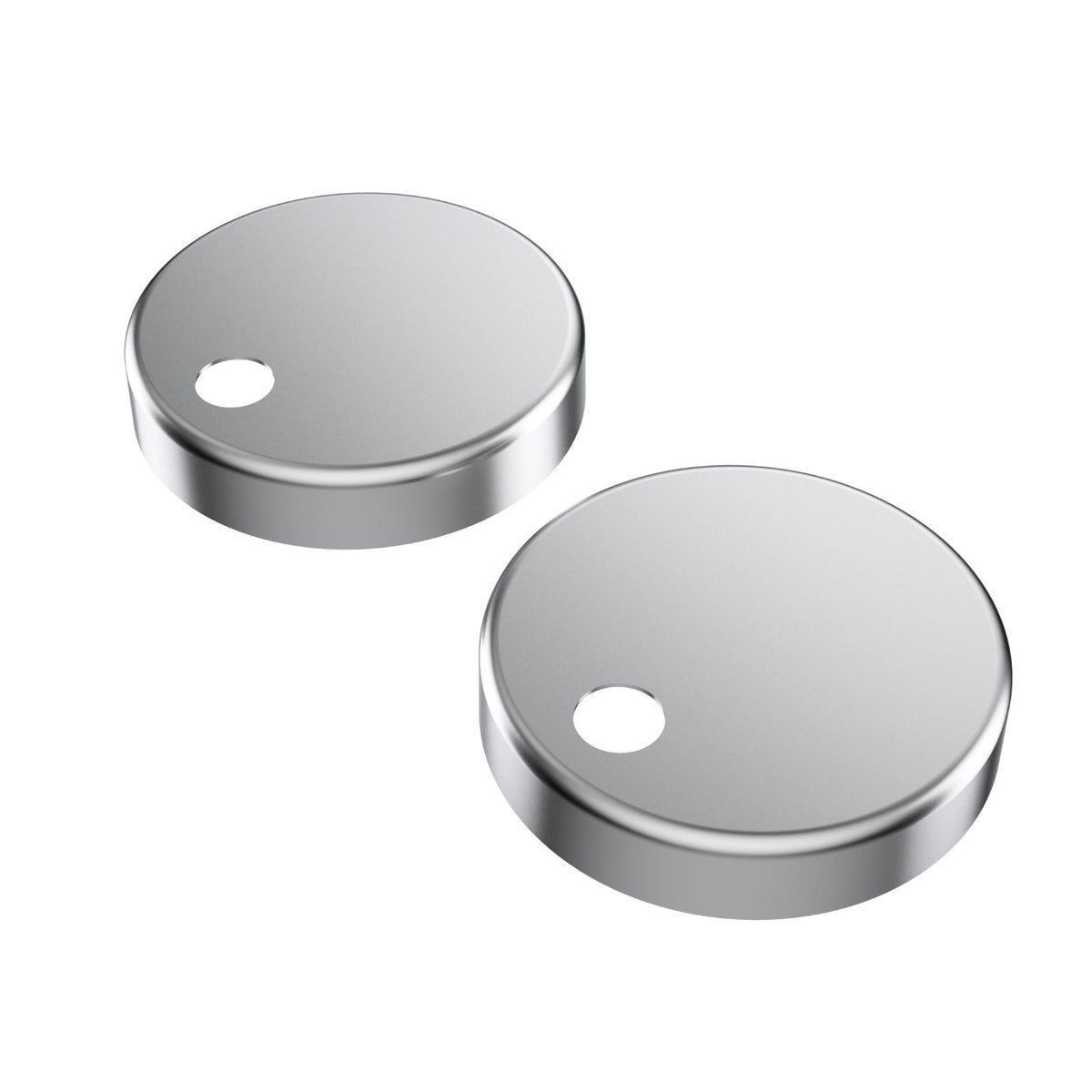 Pair of Caroma stainless steel toilet seat hinge caps, round replacement parts on white background
