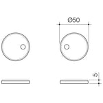 Technical drawing of Caroma toilet seat hinge caps, round stainless steel caps shown front and side views with 50 mm diameter and 5 mm height.