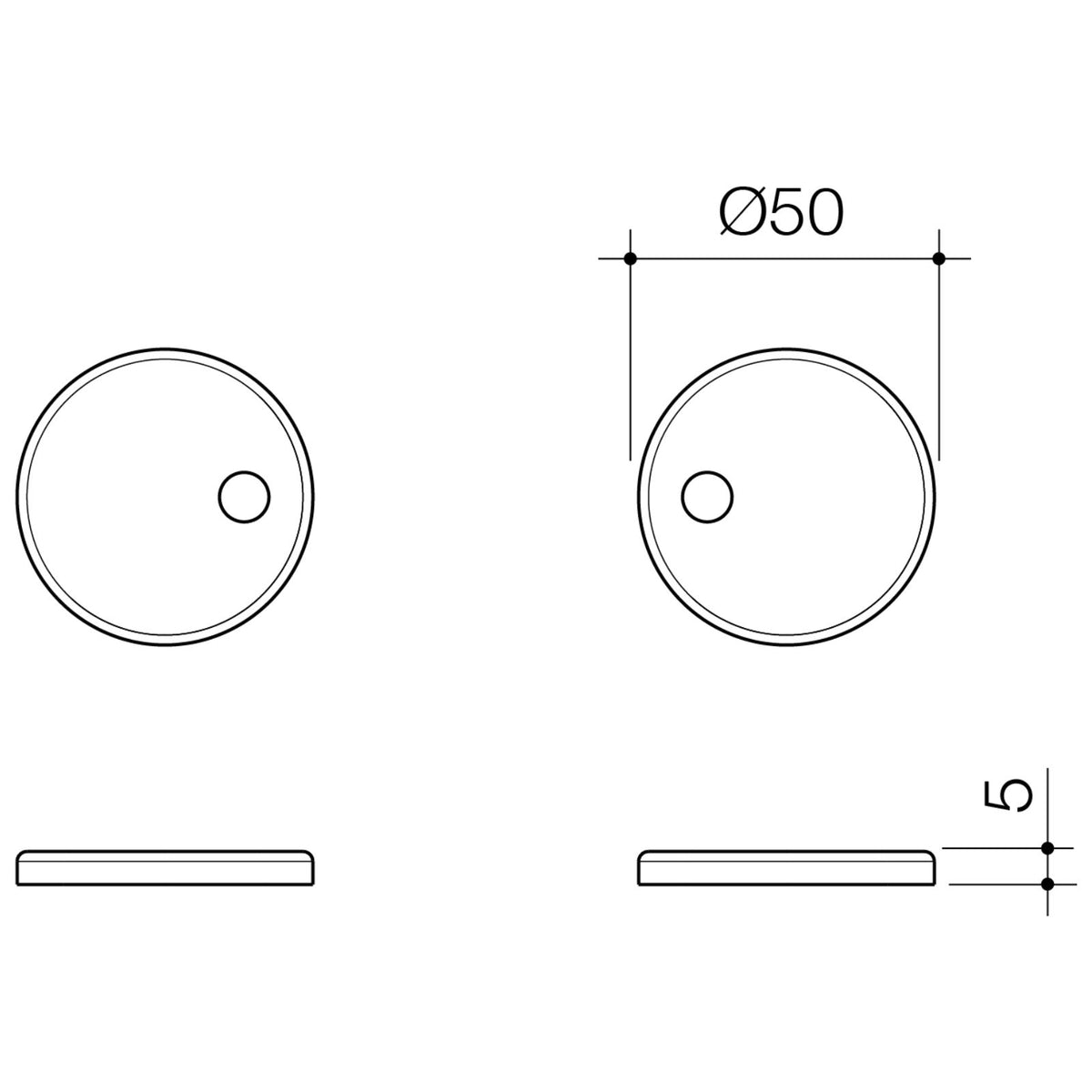 Technical drawing of Caroma toilet seat hinge caps, round stainless steel caps shown front and side views with 50 mm diameter and 5 mm height.