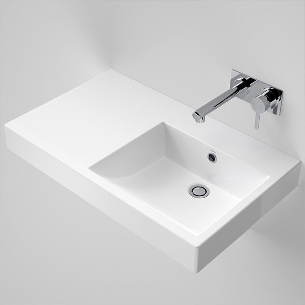 Caroma Liano Nexus white rectangular wall-hung basin with left-hand shelf and chrome tap, 750mm, no taphole