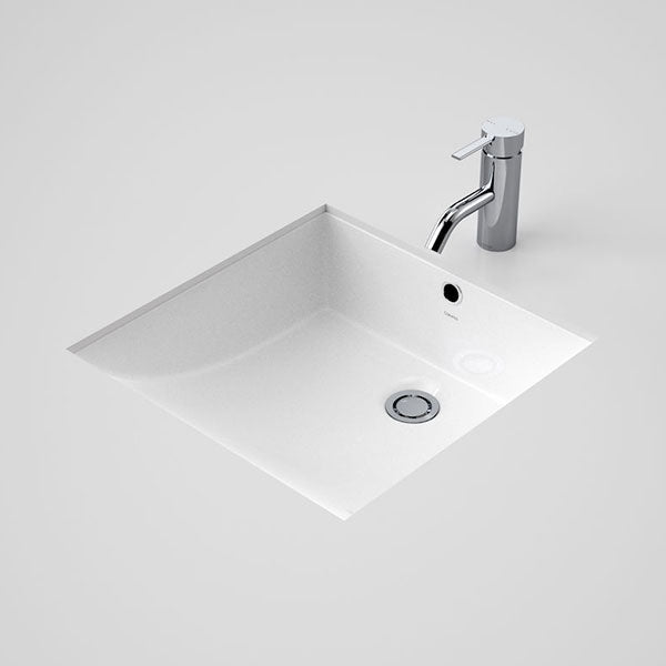 Caroma Liano white square under counter vanity basin with chrome waste and mixer tap in modern bathroom setting