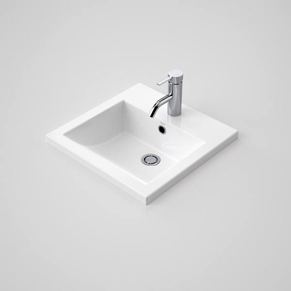 Caroma Liano white ceramic square above counter basin with tap landing, overflow and chrome waste
