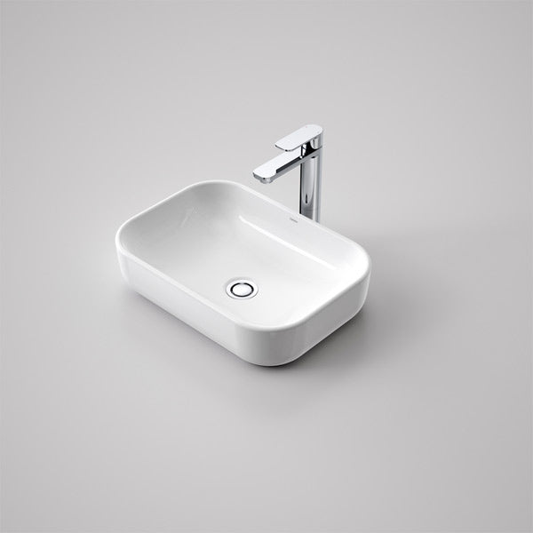 Caroma Luna above counter basin in gloss white, rectangular rounded ceramic bowl with chrome waste and mixer tap