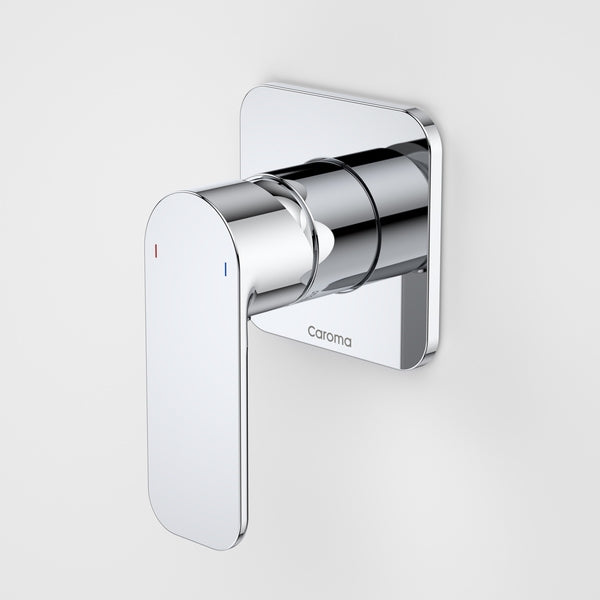 Caroma Luna wall-mounted bath/shower mixer in polished chrome, with curved lever handle on square backplate.