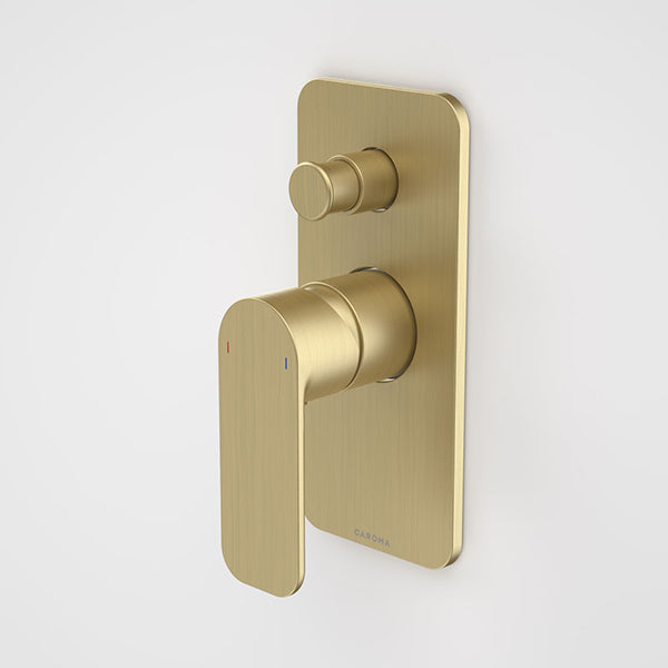 Caroma Luna brushed brass wall-mounted bath and shower mixer with diverter, shown front on with paddle handle and round diverter knob