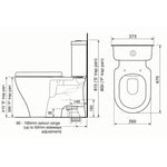 Caroma Luna Cleanflush close coupled toilet suite technical drawing, side and front views with dimensions, white P-trap pan