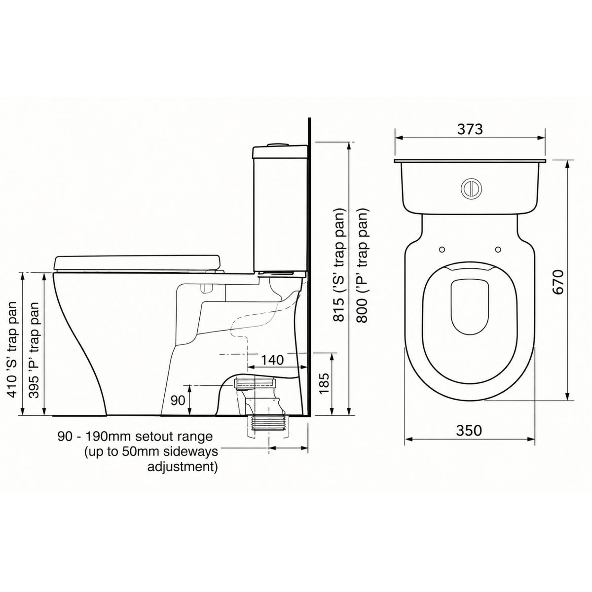Caroma Luna Cleanflush close coupled toilet suite technical drawing, side and front views with dimensions, white P-trap pan