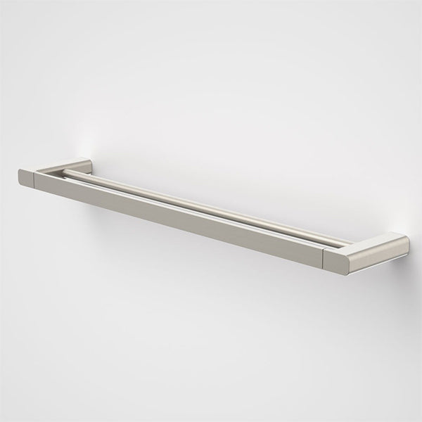 Caroma Luna double towel rail in brushed nickel, wall-mounted bathroom accessory, 630mm length on white background