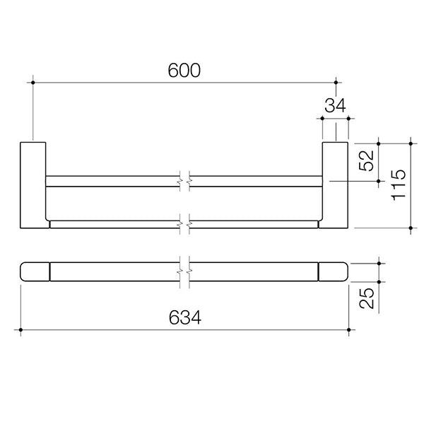Caroma Luna double towel rail technical drawing in brushed nickel, showing 600mm width and 634mm overall length with dimensions.