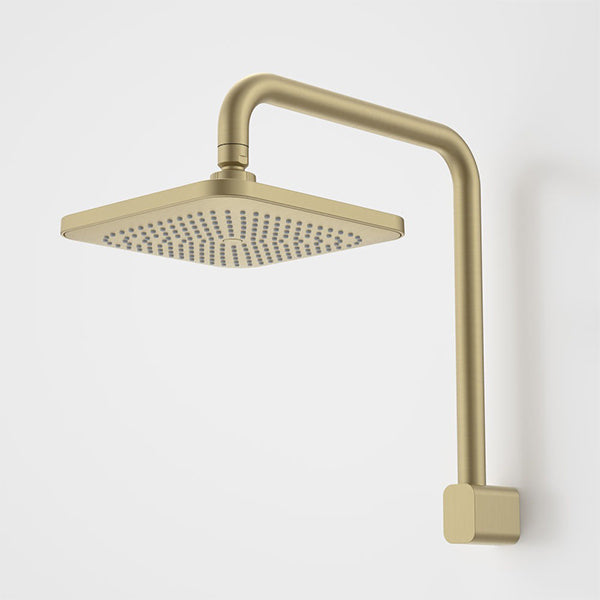 Caroma Luna fixed overhead shower in brushed brass, square wall-mounted shower head and arm