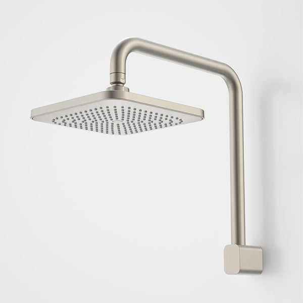 Caroma Luna fixed overhead shower in brushed nickel, square rain head with wall-mounted arm