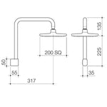 Technical drawing of Caroma Luna fixed overhead shower with wall arm, square 200mm head and dimensions in brushed brass finish