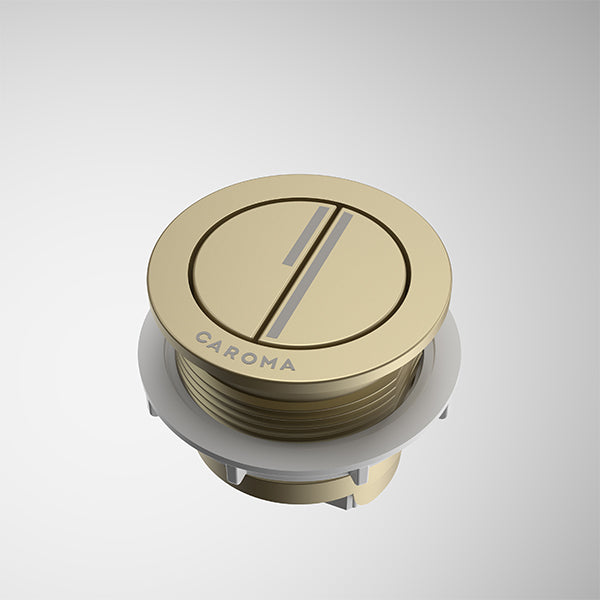Caroma Luna round cistern flush button in brushed brass finish, shown front view on a white background