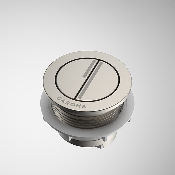 Caroma Luna round cistern flush button in brushed nickel, shown front on against a white background