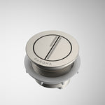 Caroma Luna round cistern flush button in brushed nickel, shown front on against a white background