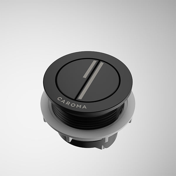 Caroma Luna round cistern flush button in satin black, shown front on with grey mounting base