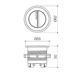 Caroma Luna round cistern flush button technical drawing, brushed brass, with front and side dimensions shown