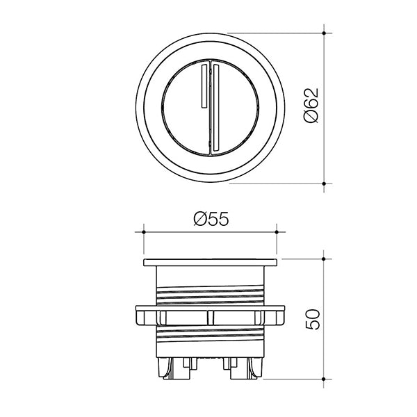 Caroma Luna round cistern flush button technical drawing, brushed brass, with front and side dimensions shown