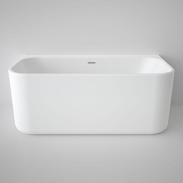 Caroma Luna back to wall bath in white, rectangular acrylic tub with centre overflow, front view