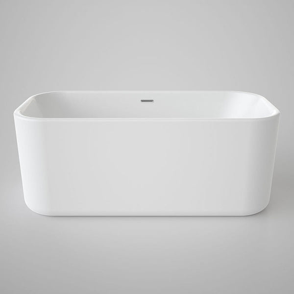 Caroma Luna white rectangular freestanding bath, front view on a grey background