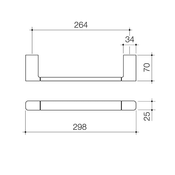 Caroma Luna hand towel rail technical drawing in brushed nickel, showing front and side dimensions of 300mm rail