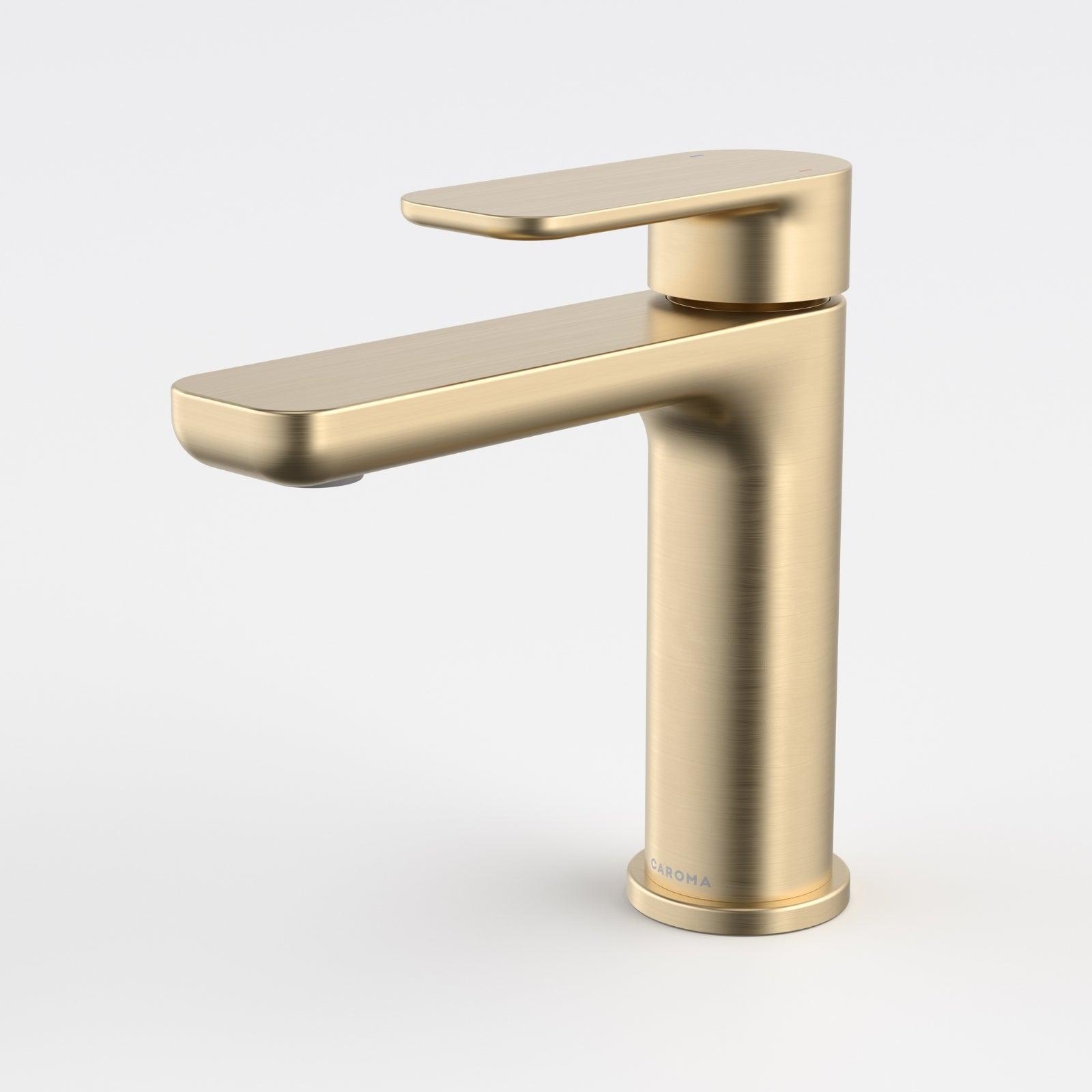 Caroma Luna II basin mixer in brushed brass, single lever tap shown on white background