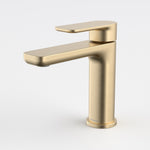 Caroma Luna II basin mixer in brushed brass, single lever tap shown on white background