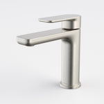 Caroma Luna II basin mixer in brushed nickel, close-up on a white background with single lever and rounded rectangular spout