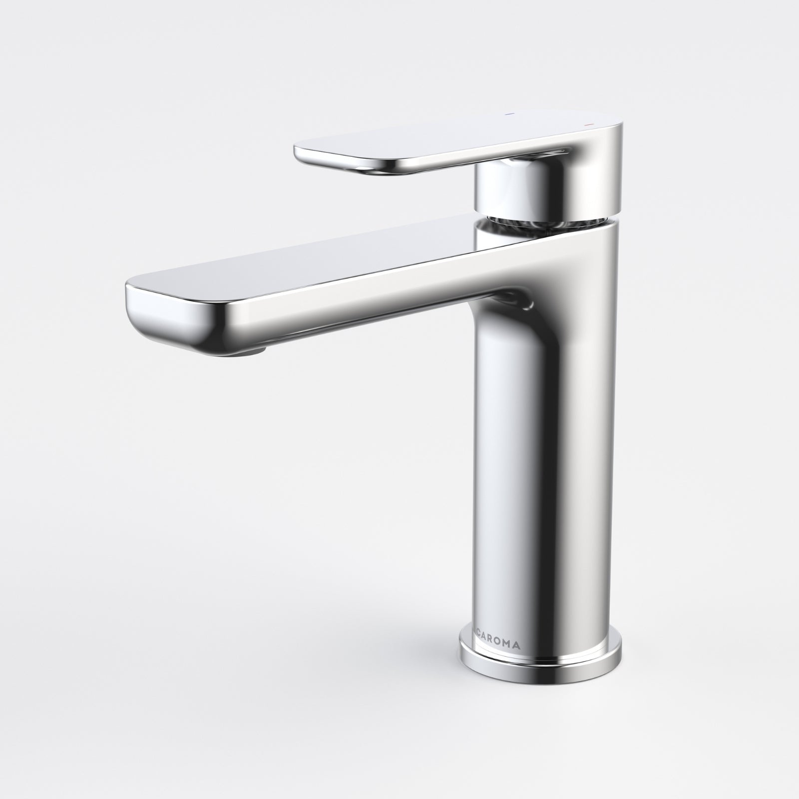 Caroma Luna II basin mixer in chrome, single-lever tap with rounded square spout, shown on white background