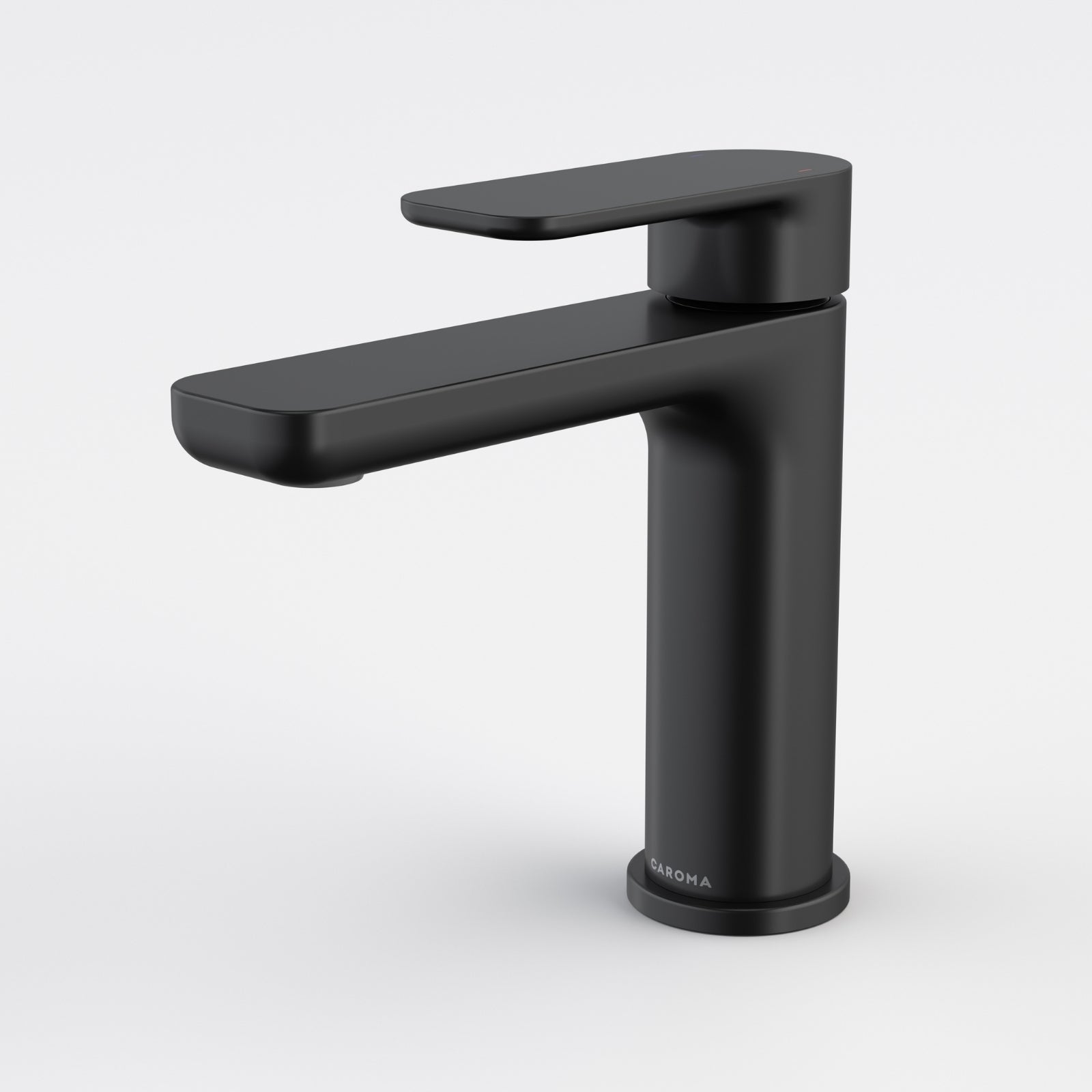 Caroma Luna II satin black basin mixer tap, modern square profile, front view on white background