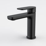 Caroma Luna II satin black basin mixer tap, modern square profile, front view on white background