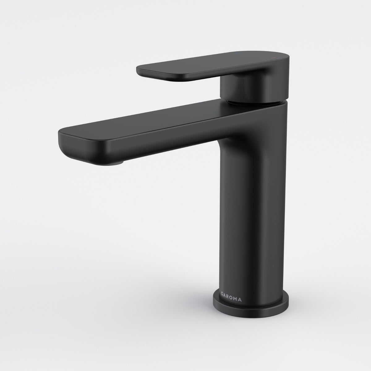 Caroma Luna II satin black basin mixer tap, modern square profile, front view on white background