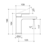 Caroma Luna II basin mixer technical drawing, satin black, side view with dimensions and angles shown