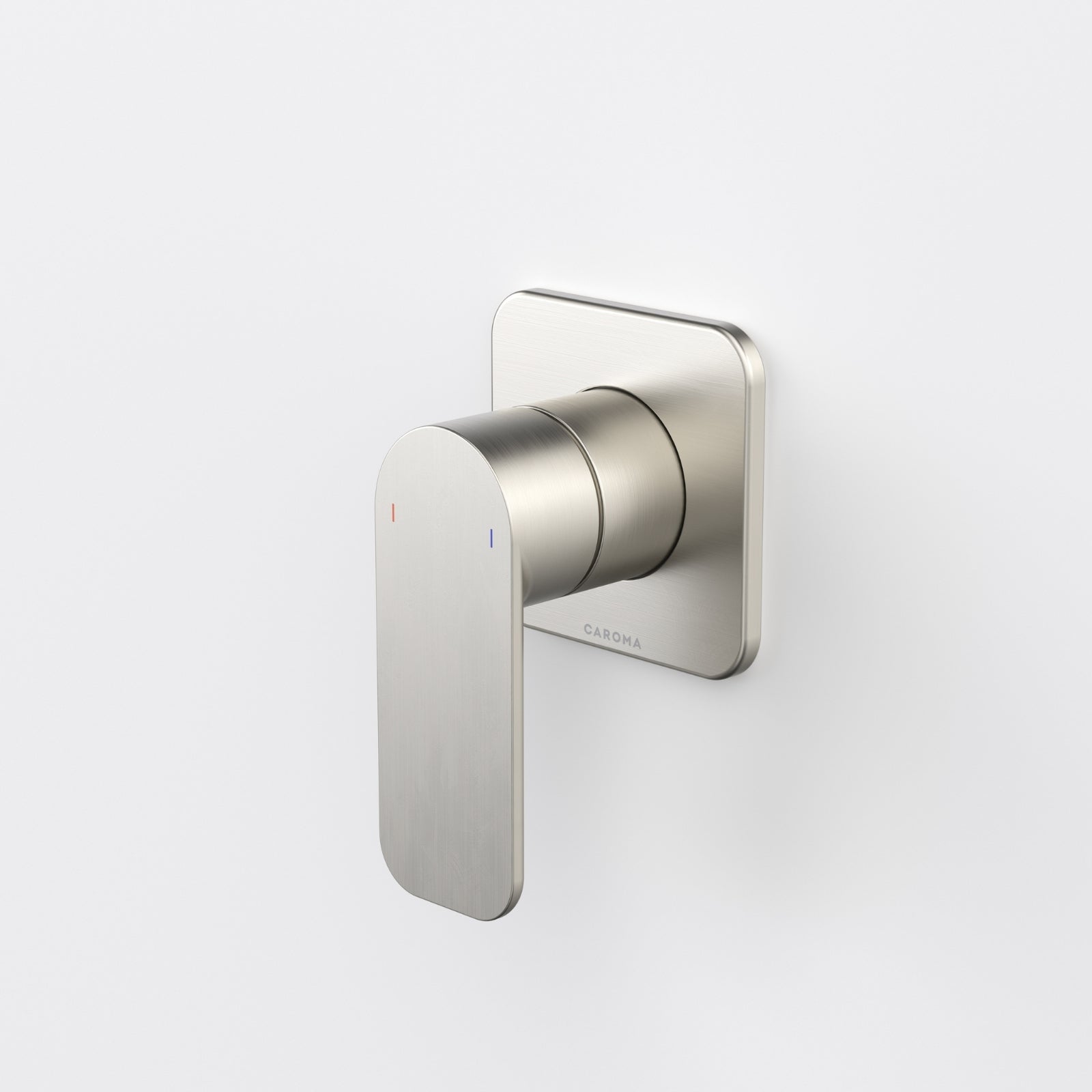 Caroma Luna II brushed nickel bath/shower mixer with wall plate and single lever handle, front view