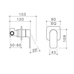 Caroma Luna II chrome bath/shower mixer technical drawing, wall mounted square plate with dimensions shown
