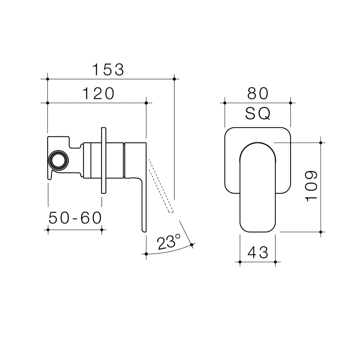 Caroma Luna II chrome bath/shower mixer technical drawing, wall mounted square plate with dimensions shown