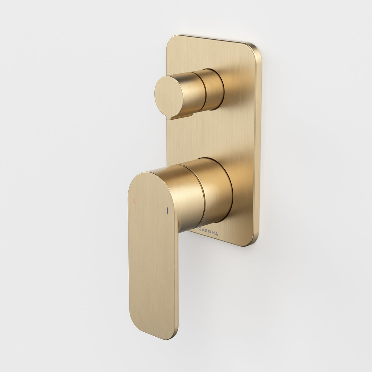 Caroma Luna II wall-mounted bath/shower mixer with diverter in brushed brass, shown on a white background