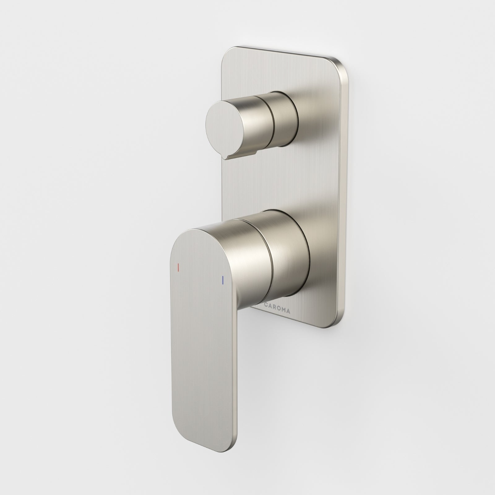 Caroma Luna II wall-mounted bath/shower mixer with diverter in brushed nickel, shown front on white background