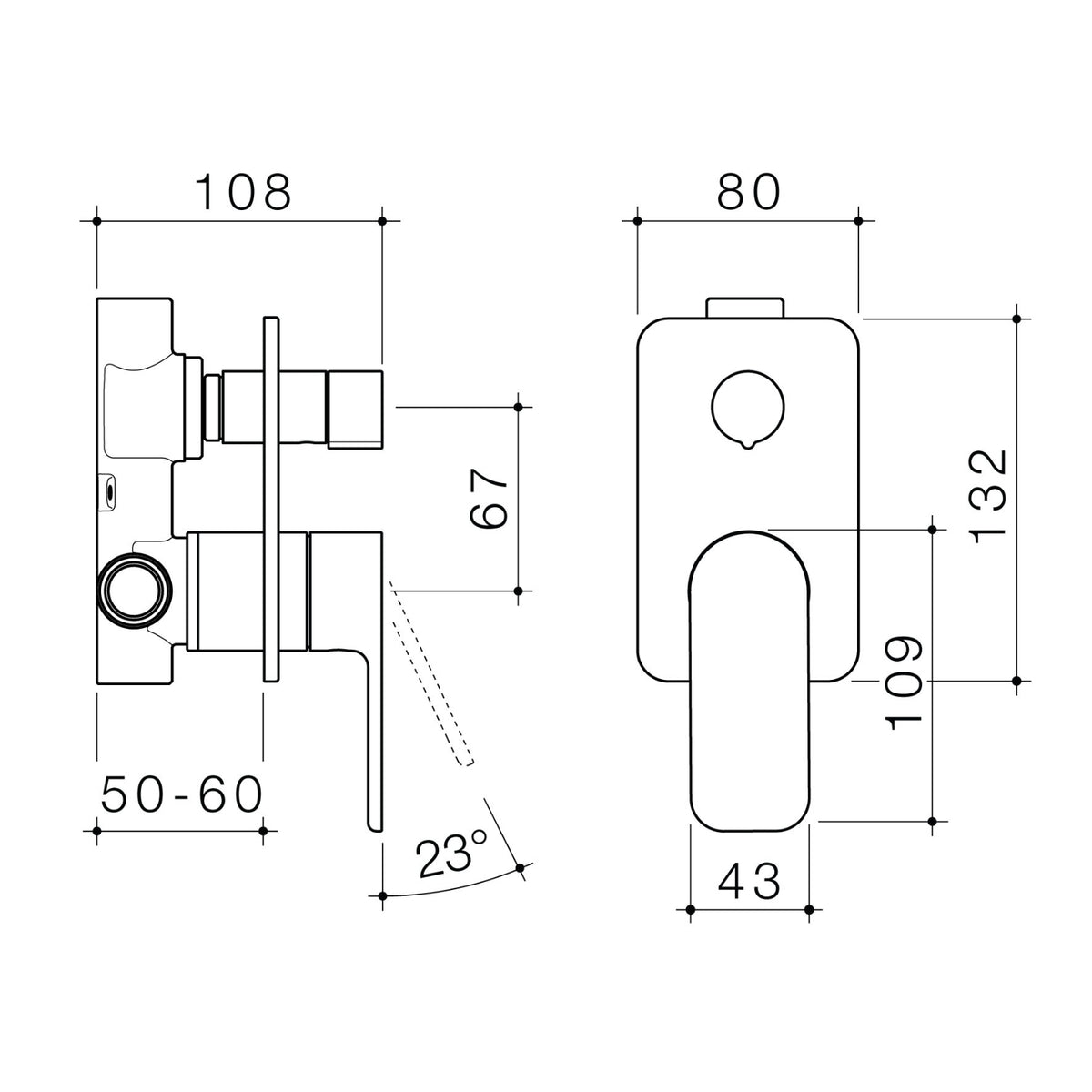 Caroma Luna II bath/shower mixer with diverter technical drawing, front and side dimensions in black outline