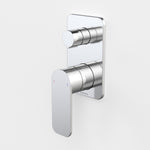 Caroma Luna II chrome wall-mounted bath and shower mixer with diverter, shown front-on with rectangular backplate and lever handles
