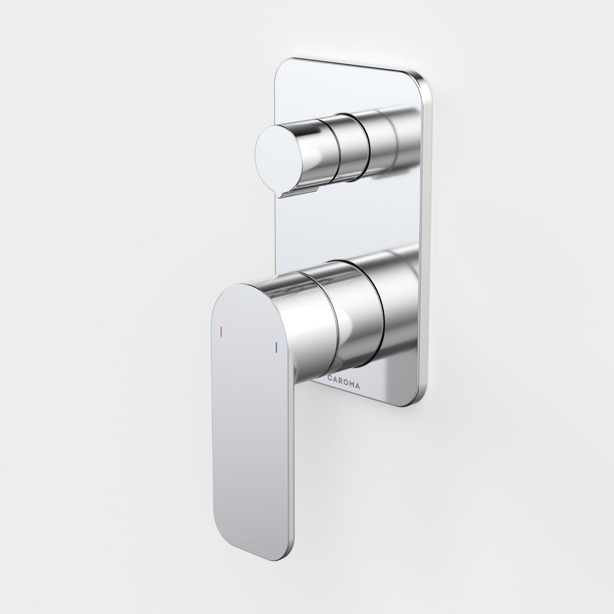 Caroma Luna II chrome wall-mounted bath and shower mixer with diverter, shown front-on with rectangular backplate and lever handles
