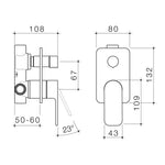 Caroma Luna II chrome bath/shower mixer with diverter, technical dimension drawing showing front and side views