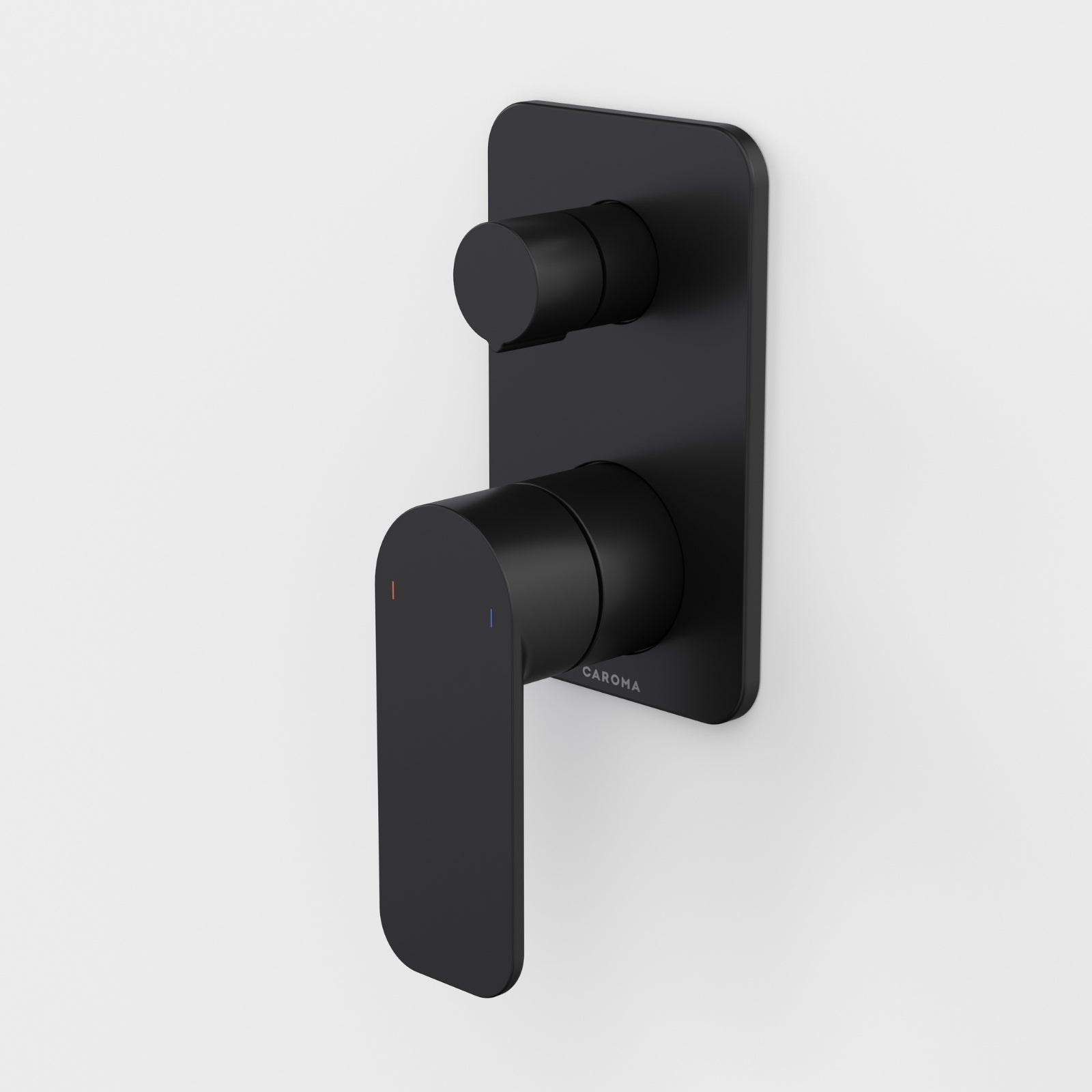 Caroma Luna II wall-mounted bath/shower mixer with diverter in satin black, featuring a slim rectangular plate and lever handle.