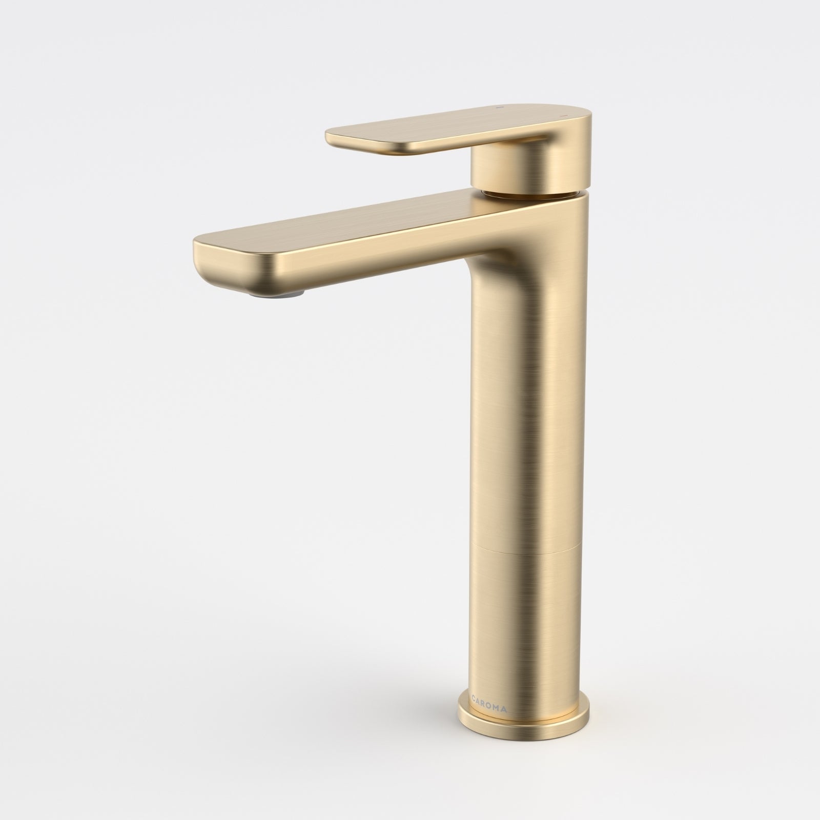 Caroma Luna II mid basin mixer in brushed brass, shown on white background with a sleek tall single-lever design
