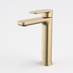 Caroma Luna II mid basin mixer in brushed brass, shown on white background with a sleek tall single-lever design