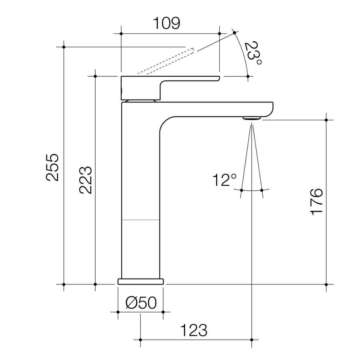 Caroma Luna II mid basin mixer technical drawing in brushed brass, side view with dimensions and angles