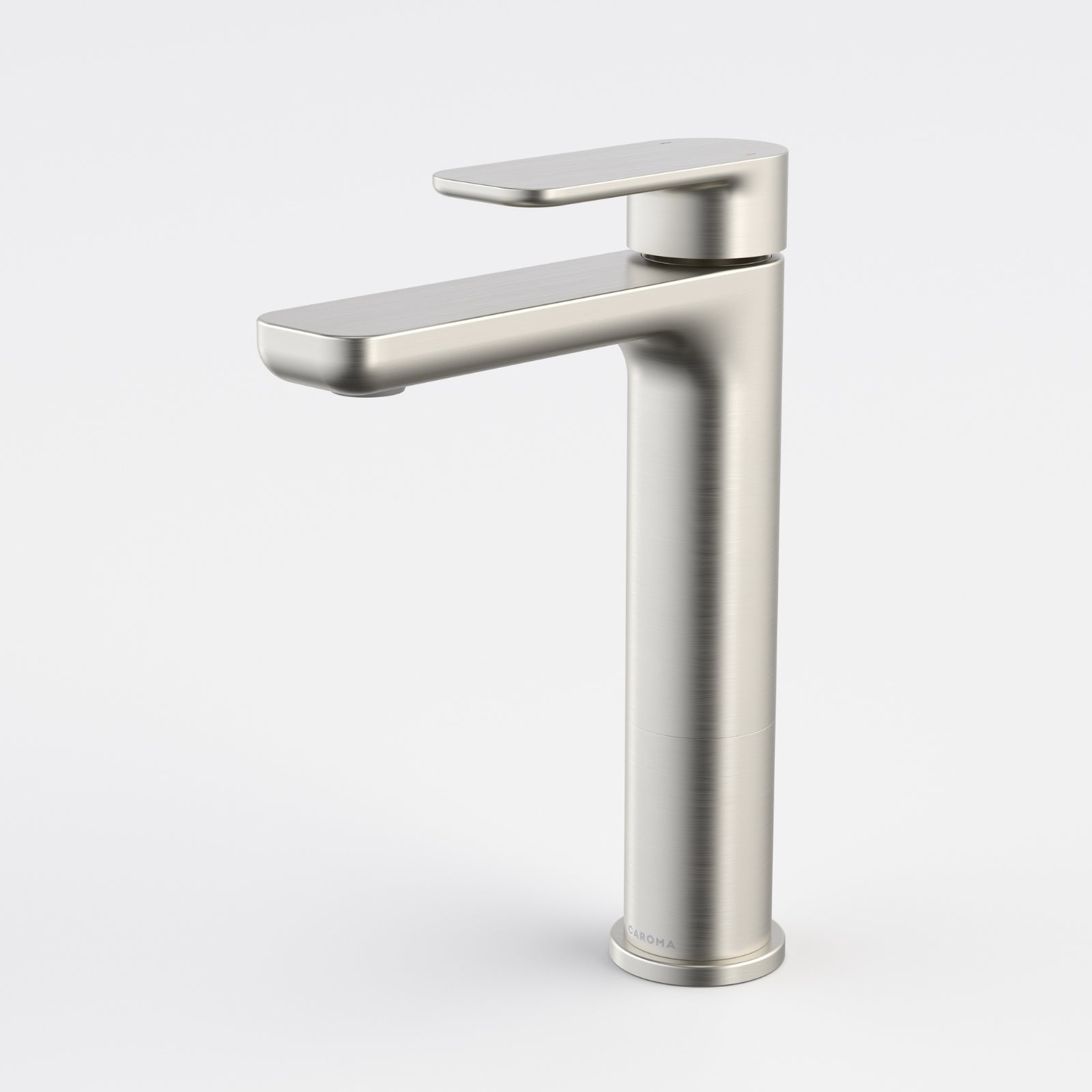 Caroma Luna II mid basin mixer in brushed nickel, shown on white background with sleek rectangular spout and lever handle