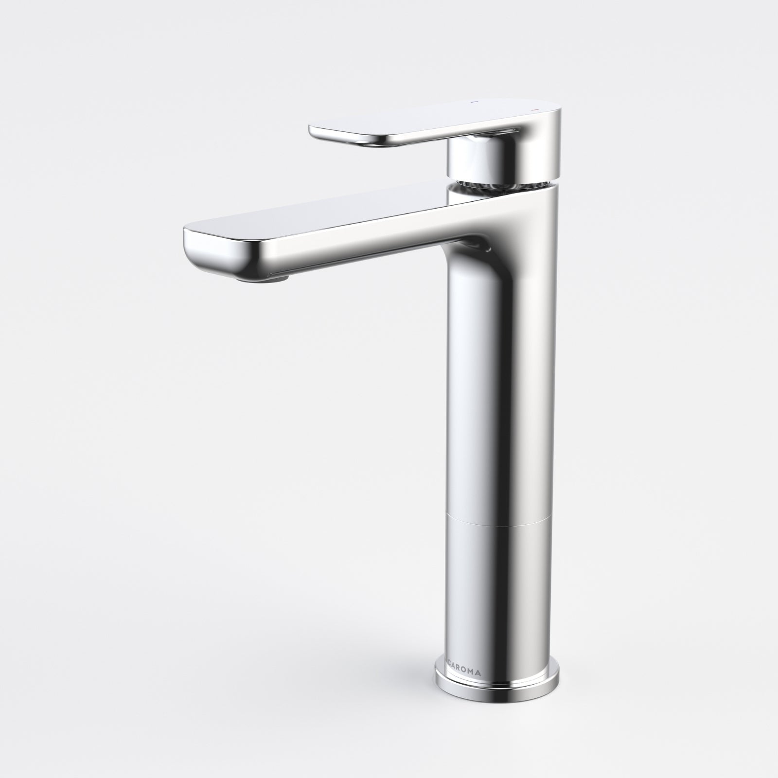 Caroma Luna II mid basin mixer tap in chrome, with a sleek square spout and single lever on white background
