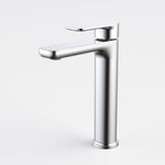 Caroma Luna II mid basin mixer tap in chrome, with a sleek square spout and single lever on white background